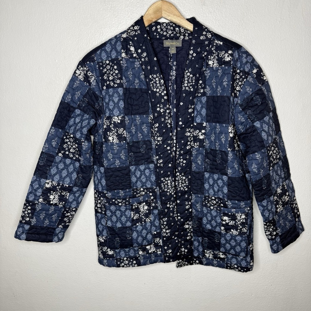 Style And Co Cotton Blue Quilted Patchwork Open‎ Front Jacket Petite Medium
